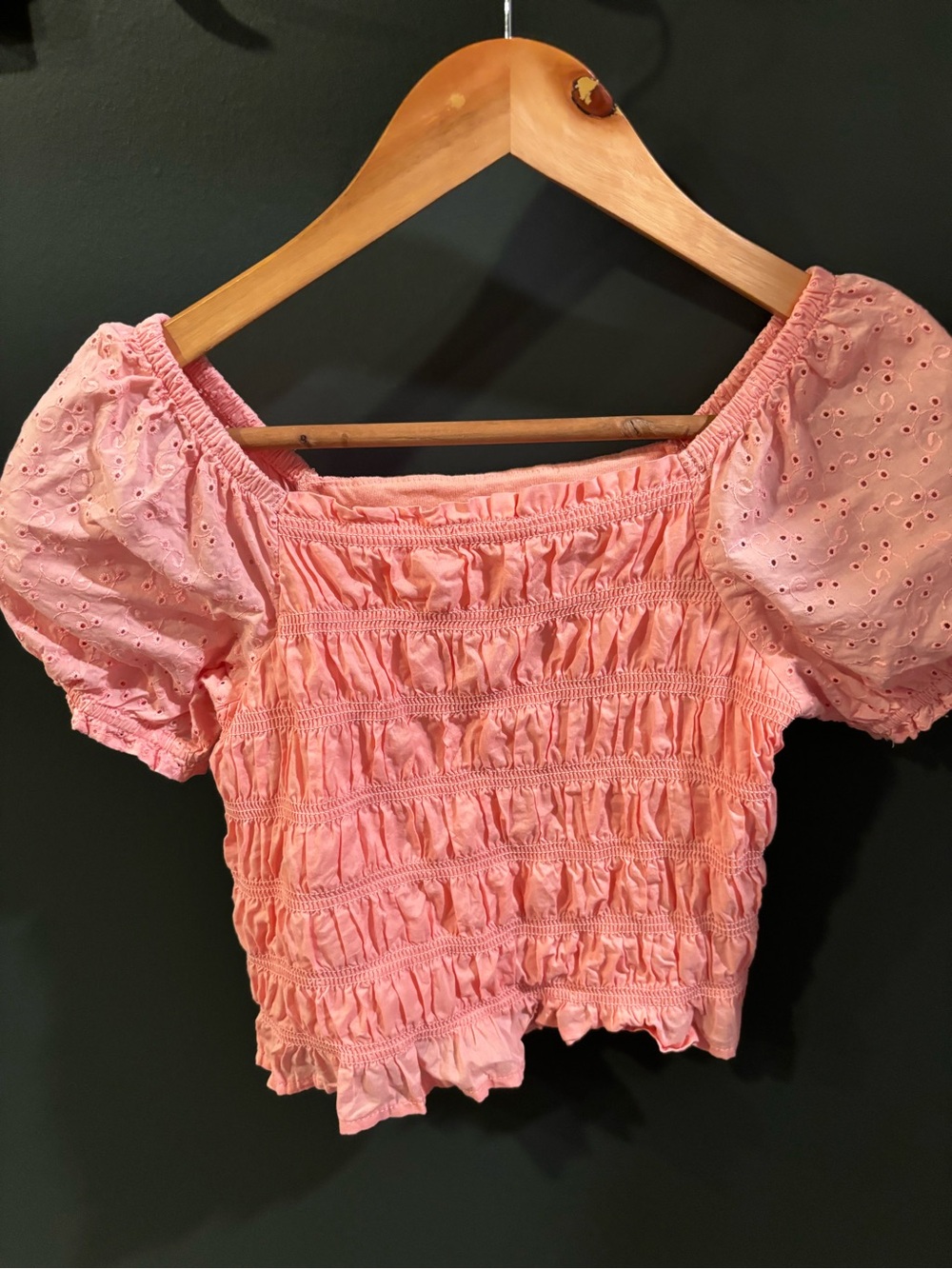 Girls' Pink Smocked Eyelet Puff-Sleeve Top